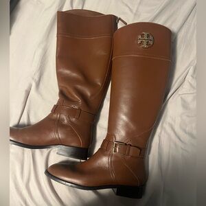 Tory Burch Chestnut Brown Leather Knee Boots with Logo Medallion